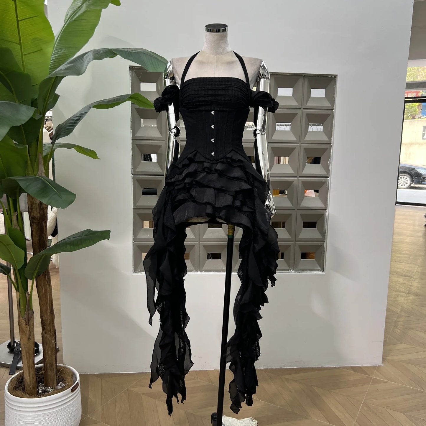 DFDG Hanging Neck High-quality Long Skirt Irregular Design Solid Color 2025 Summer New Women's Waist Cinching Slimming Dress