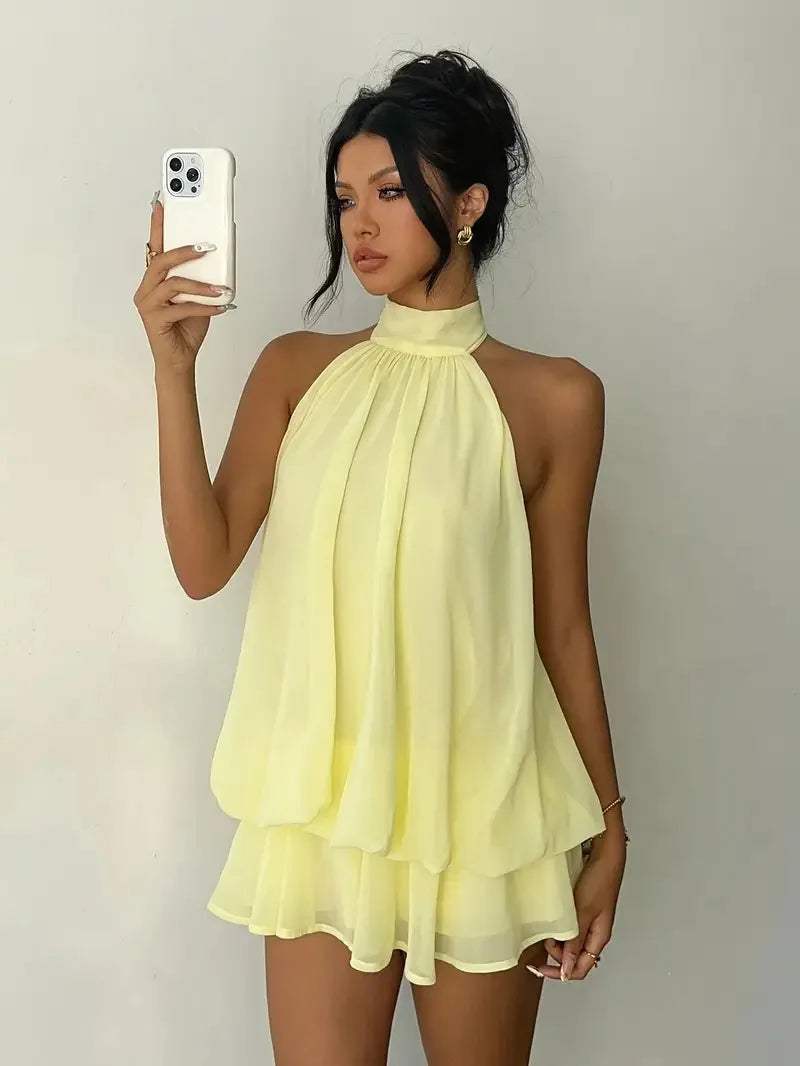 2026 Women's Elegant Halter Neck Sleeveless Ruffled Layered Chiffon Mini Dress Casual Summer Party Dress for Beach Vacation Y2K