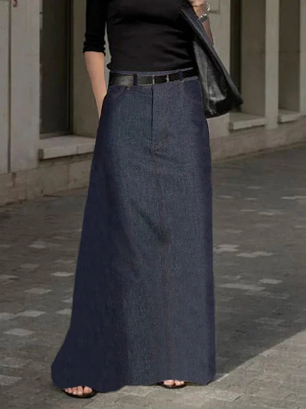 Denim-Look Pocket Maxi Skirt