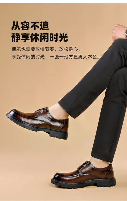 Mens Black Genuine Leather Wrinkled Lace Up Chunky Sole Formal Business Oxfords Casual Daily Wear Dress Shoes Stylish And Simple