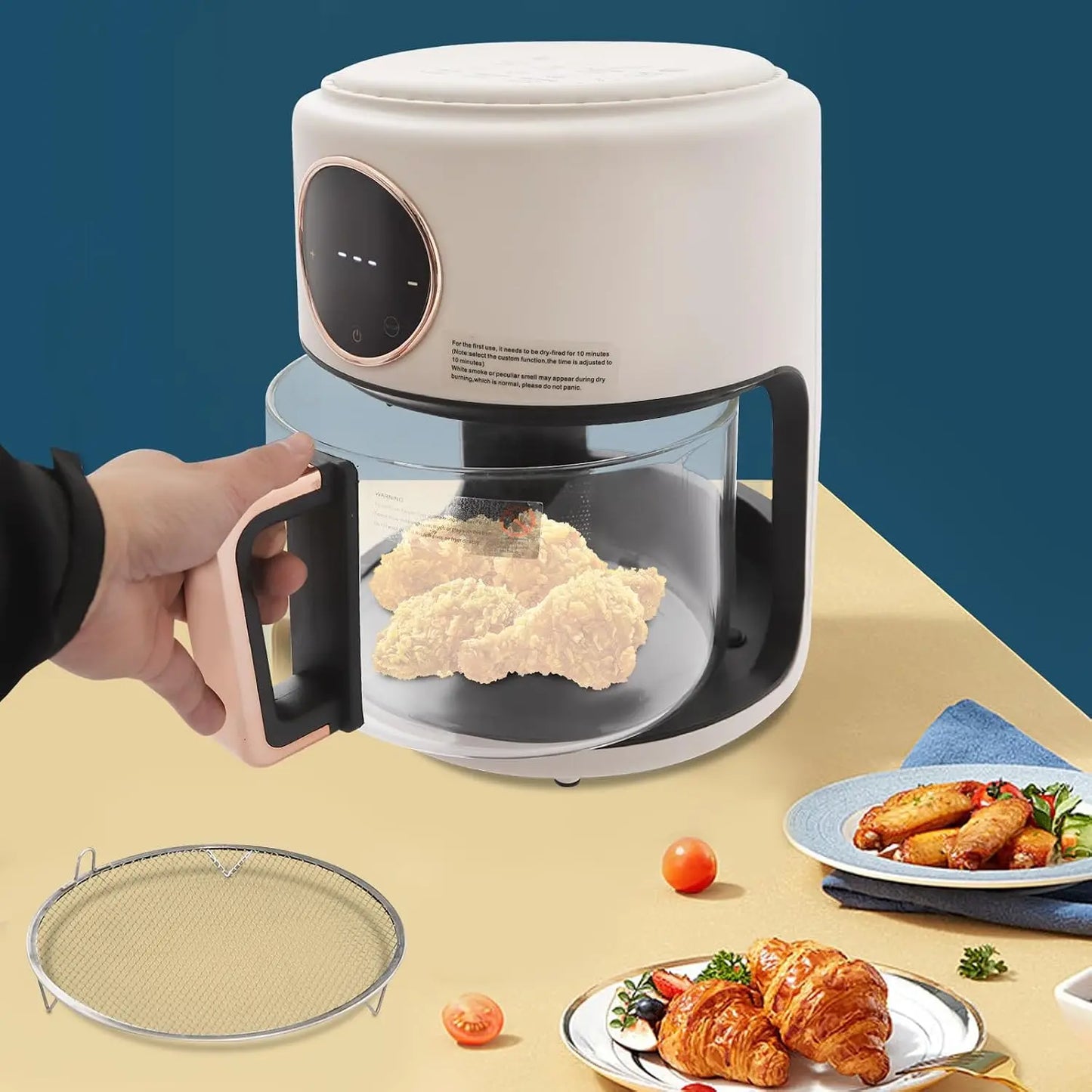 3.81Qt Air Fryer, Portable Glass Air Fryer Compact Smart Air Fryer Oven 8 Preset Modes with Digital Display Fast Preheat for Home Kitchens, Restaurants, Family Gatherings, Outdoor Picnics (White)