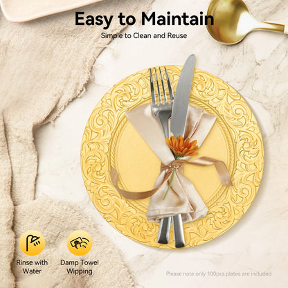 100-Pack Gold Charger Plates Set 12.9 Inch Embossed Round Disposable Serving Trays Christmas Wedding Party Decoration Plate ﻿