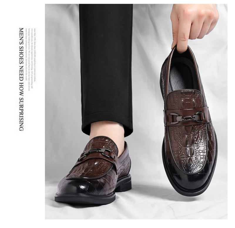 Mens Black Crocodile Embossed Leather Loafers With Metal Horsebit Buckle Thick Sole Formal Business Wedding Party Dress Shoes