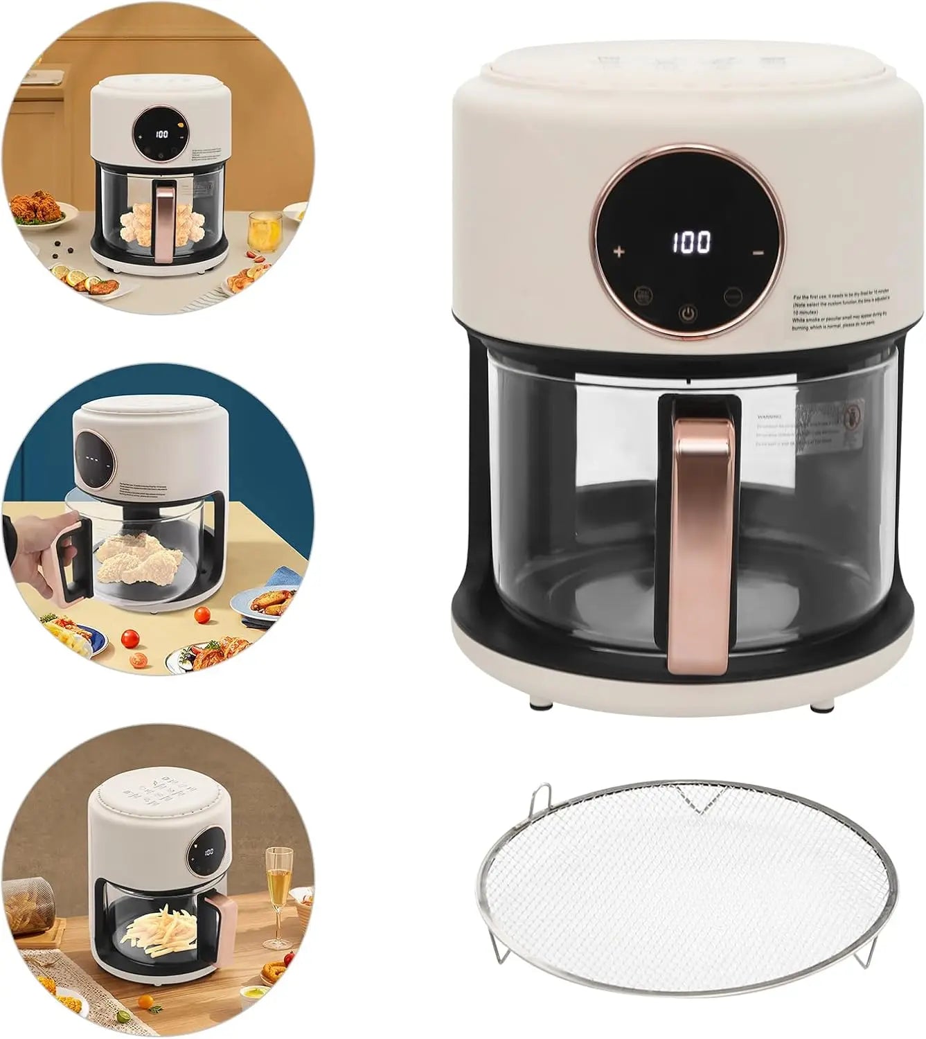3.81Qt Air Fryer, Portable Glass Air Fryer Compact Smart Air Fryer Oven 8 Preset Modes with Digital Display Fast Preheat for Home Kitchens, Restaurants, Family Gatherings, Outdoor Picnics (White)