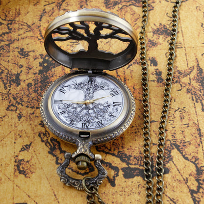 Steampunk Retro Bronze Hollow Tree of Life Quartz Pocket Watch With Fob Chain Women Watch Pendant Necklace Chain Men Gift CF1088