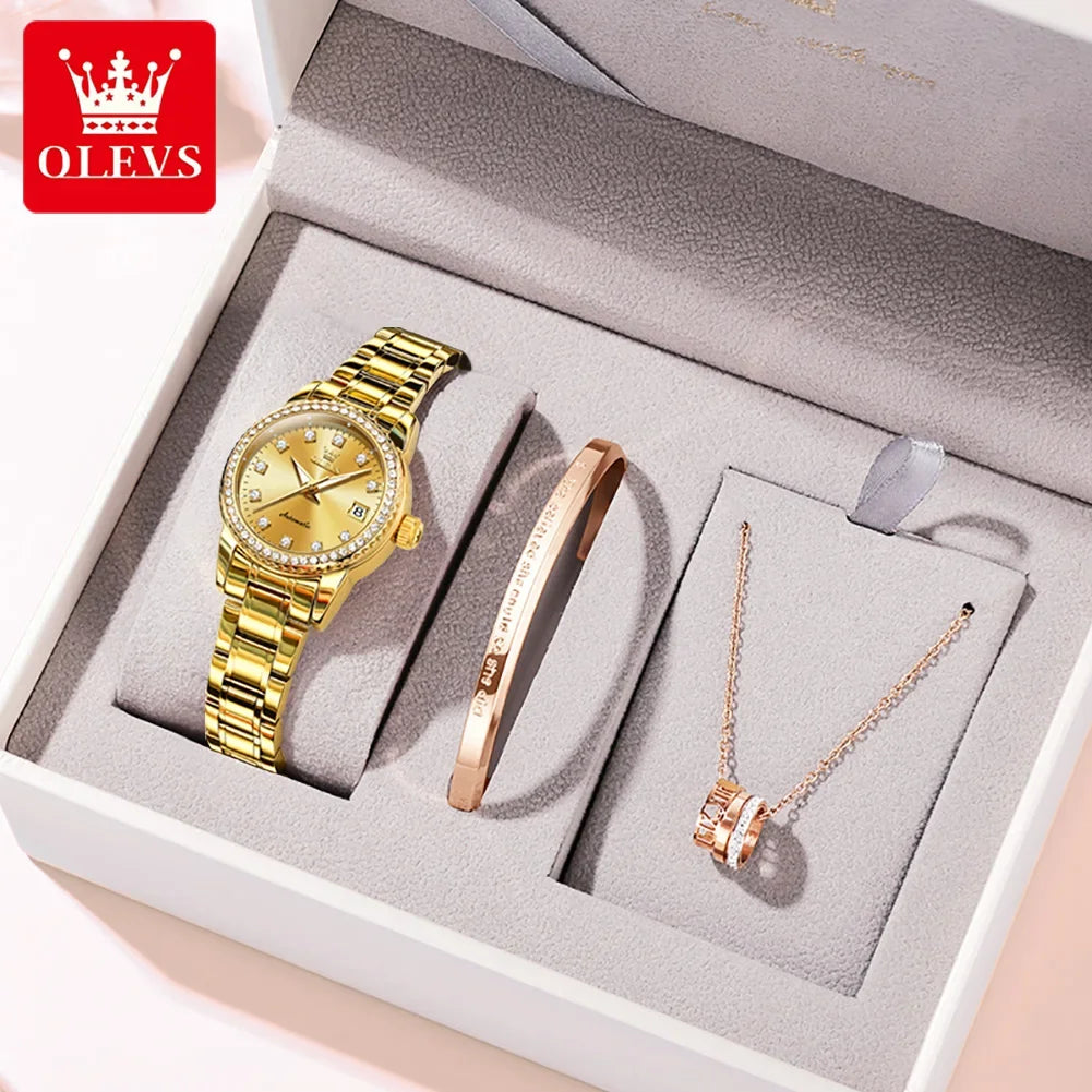 OLEVS 7003 Women Automatic Watch Waterproof Luminous Calendar Mechanical Ladies Wristwatch Steel Strap Luxury Watch Women