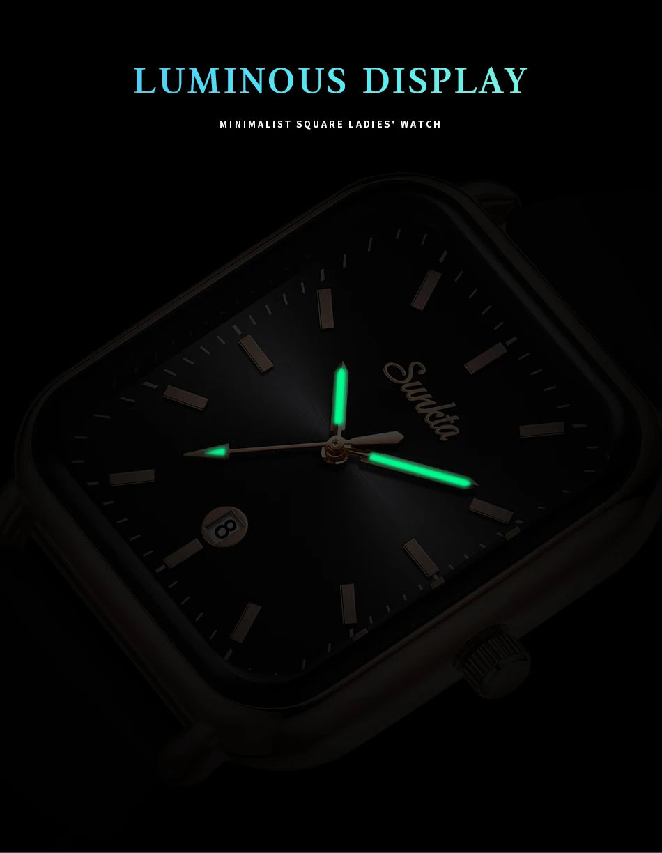 Sunkta Fashion Elegant Woman Watch Square Luxury Retro Silicone Belt Auto Date Casual Waterproof Luminous Quartz Watches for Men