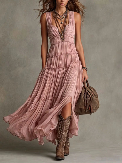 Women's Boho Green Tiered Maxi Dress Sleeveless V-Neck Pleated Flowy Dress Vintage Inspired Chic Boho Maxi Dress for Women