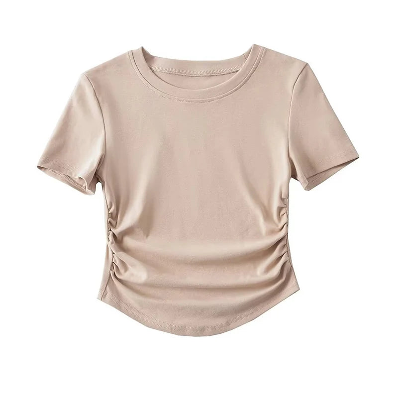 2024 Harajuku Women Crew Neck Short Sleeve Cotton Tee With Ruched Sides Detail T-shirts