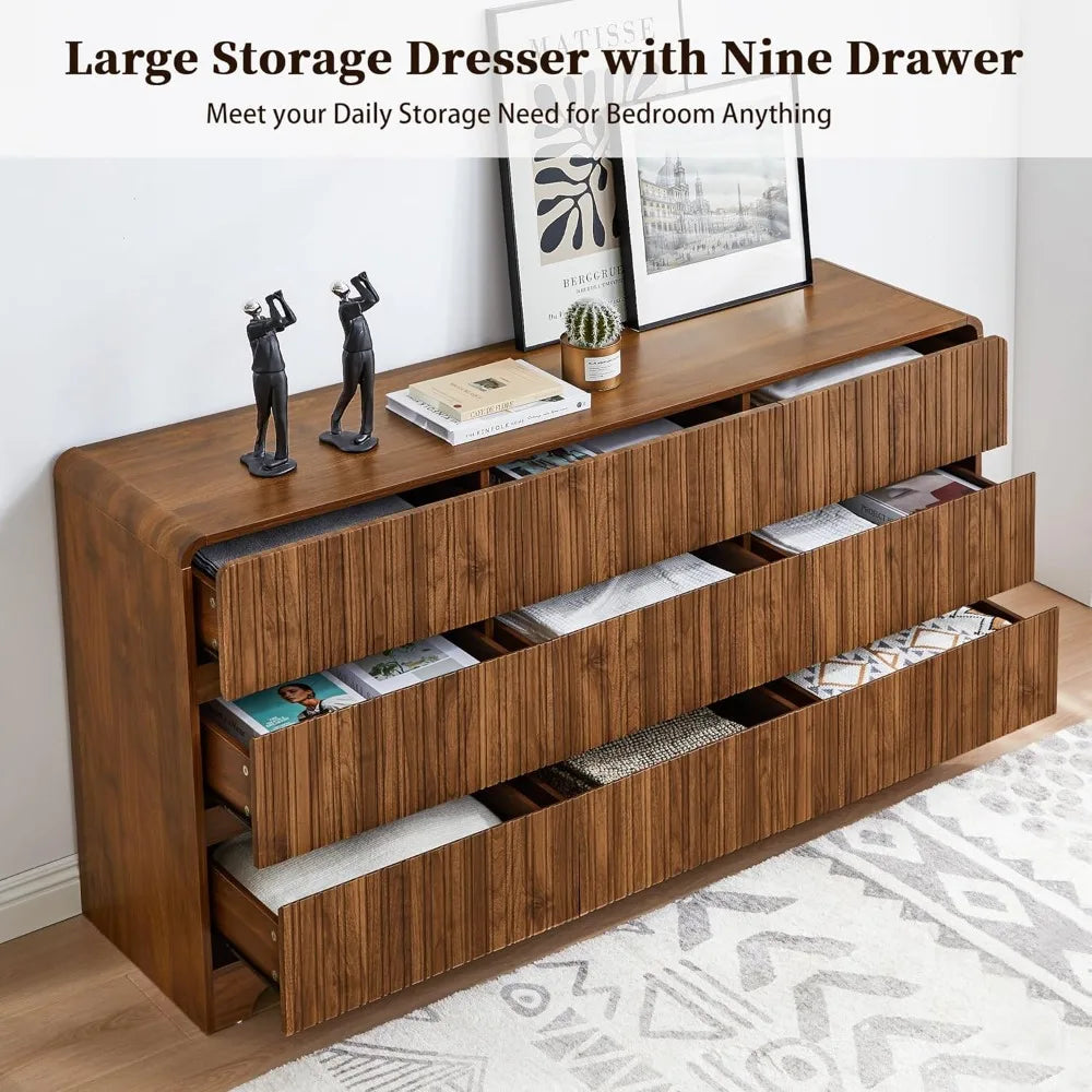Fluted Dresser for Bedroom with 9 Drawers,63" Wide Modern Chest of Drawers with Curved Profile & Deep Drawer, Customized