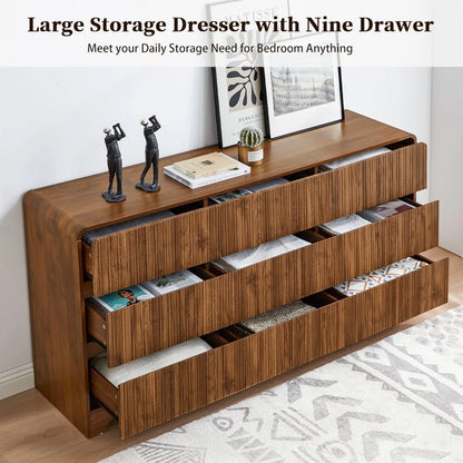 Fluted Dresser for Bedroom with 9 Drawers,63" Wide Modern Chest of Drawers with Curved Profile & Deep Drawer, Customized