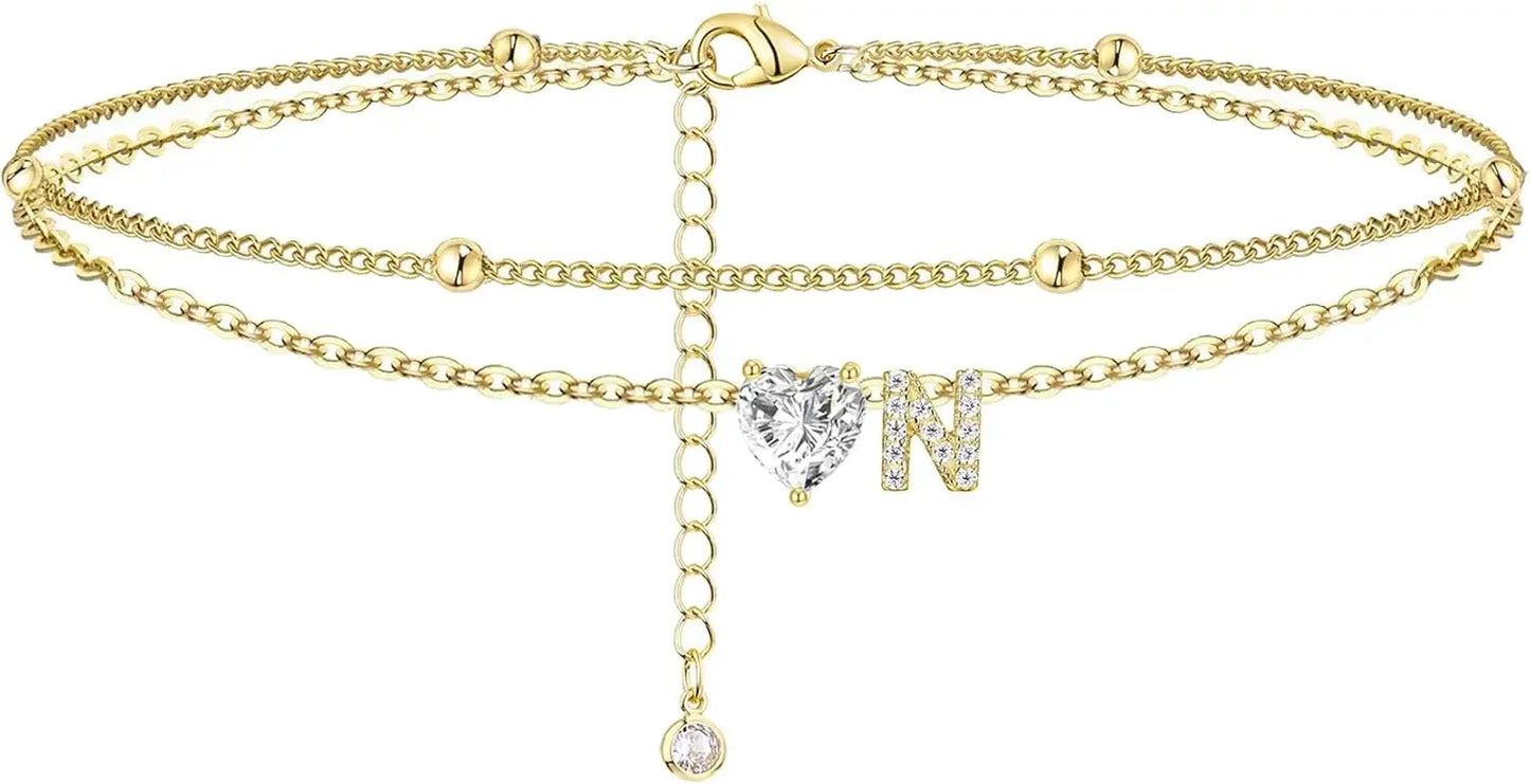 Waterproof cz Ankle Bracelets for Women  14K Gold Plated CZ Initial Dainty Layered Heart Anklets Foot Chain Summer Beach Jewelry