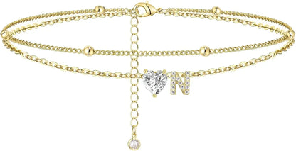 Waterproof cz Ankle Bracelets for Women  14K Gold Plated CZ Initial Dainty Layered Heart Anklets Foot Chain Summer Beach Jewelry