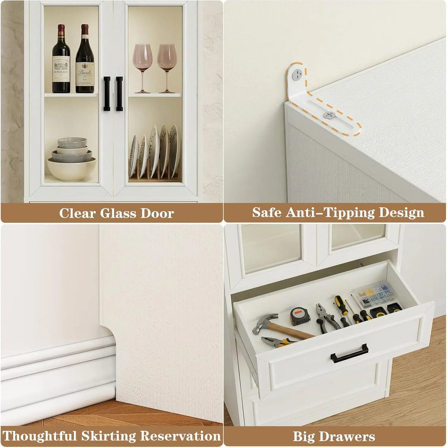 80" Tall Kitchen Pantry Storage Cabinet with Glass Doors, Adjustable Shelves & 3 Drawers, Versatile Tall Storage, Custom