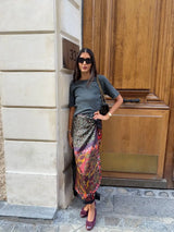 Printed Satin Wrap Midi Skirt