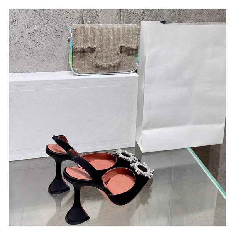 2025 European and American Women's New Silk Sunflower Crystal Diamond Buckle High Heels Horseshoe Heel Women's Sandals