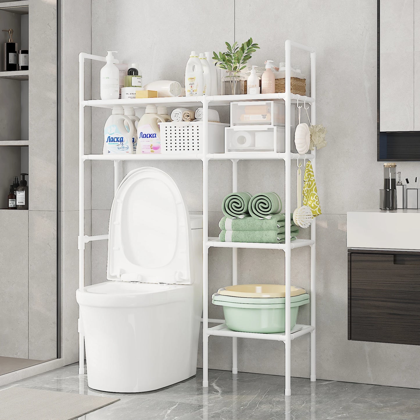 2/3 Tier Bathroom Storage Cabinet - Space-Saving, Over-The-Toilet Storage Shelf, Easy to Assemble, Suitable for Bathroom Essentials with Rust-Proof Metal Frame and Plastic Dividers, Ideal for Storing Toiletries, Towels, and D