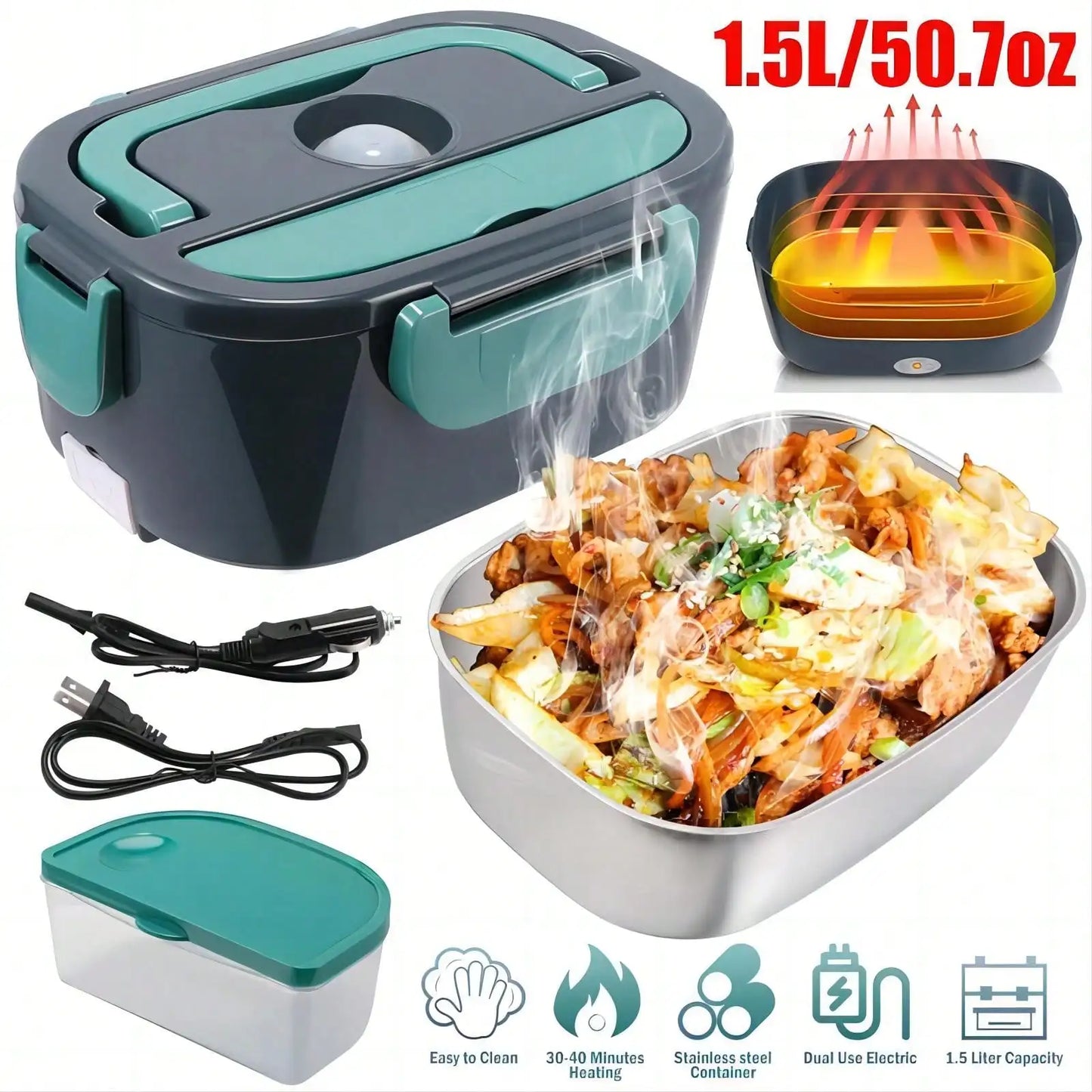 1.5 L 60W Electric Lunch Box Food Warmer Portable Food Heater for Car Or Home - Leak Proof, Lunch Heating Microwave for Truckers