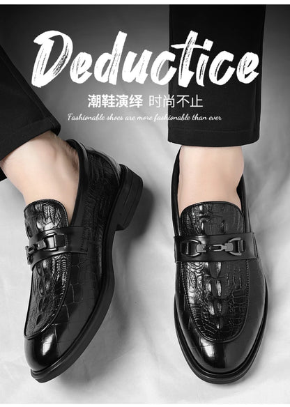 Mens Black Crocodile Embossed Leather Loafers With Metal Horsebit Buckle Thick Sole Formal Business Wedding Party Dress Shoes