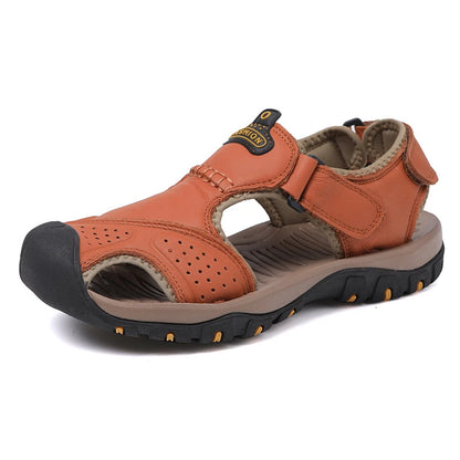 2025 Large-Size Leather Men's Shoes Summer Sandals Casual Outdoor Head Beach Shoes Comfortable Breathable Hollow Velcro Patch