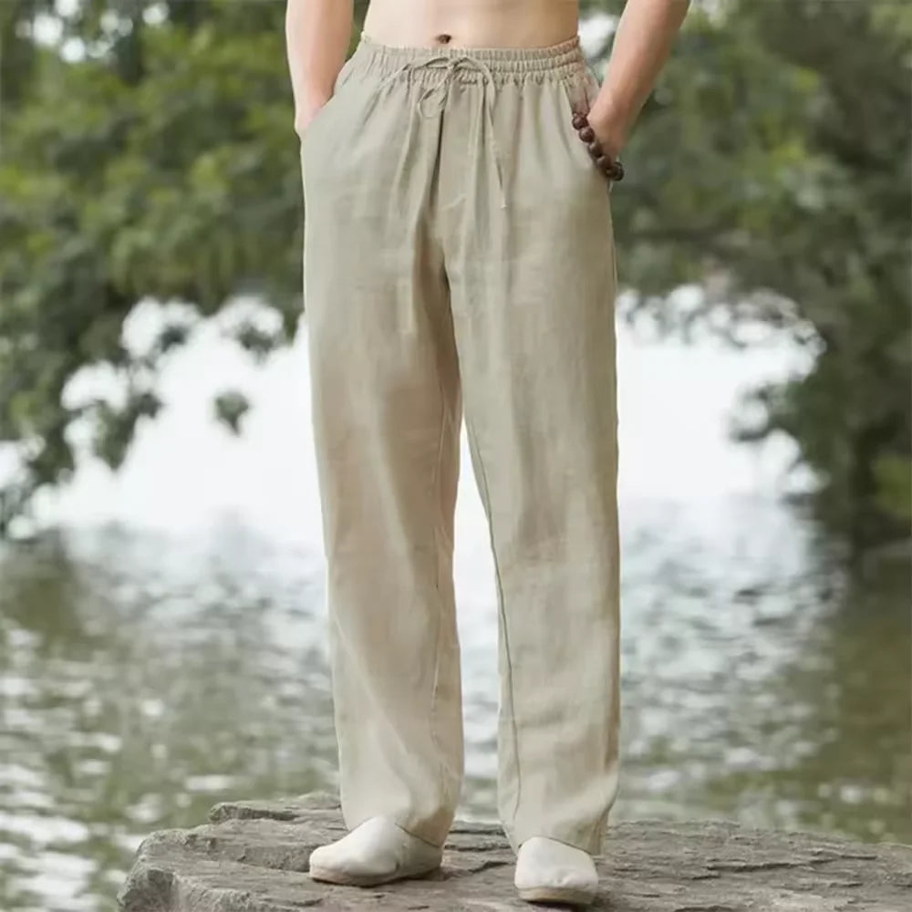 Summer Men's Casual White Linen Pants Elastic Waist Drawstring Loose Fit Beach Trousers