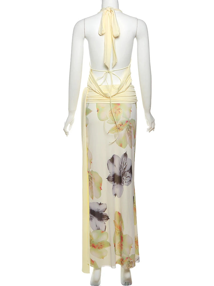 Weird Puss Elegant Women 3 Piece Set Stack Trend Halter Tops+Split Tassel Tassel+Flowers Mesh Skirts Matching Vacation Clubwear