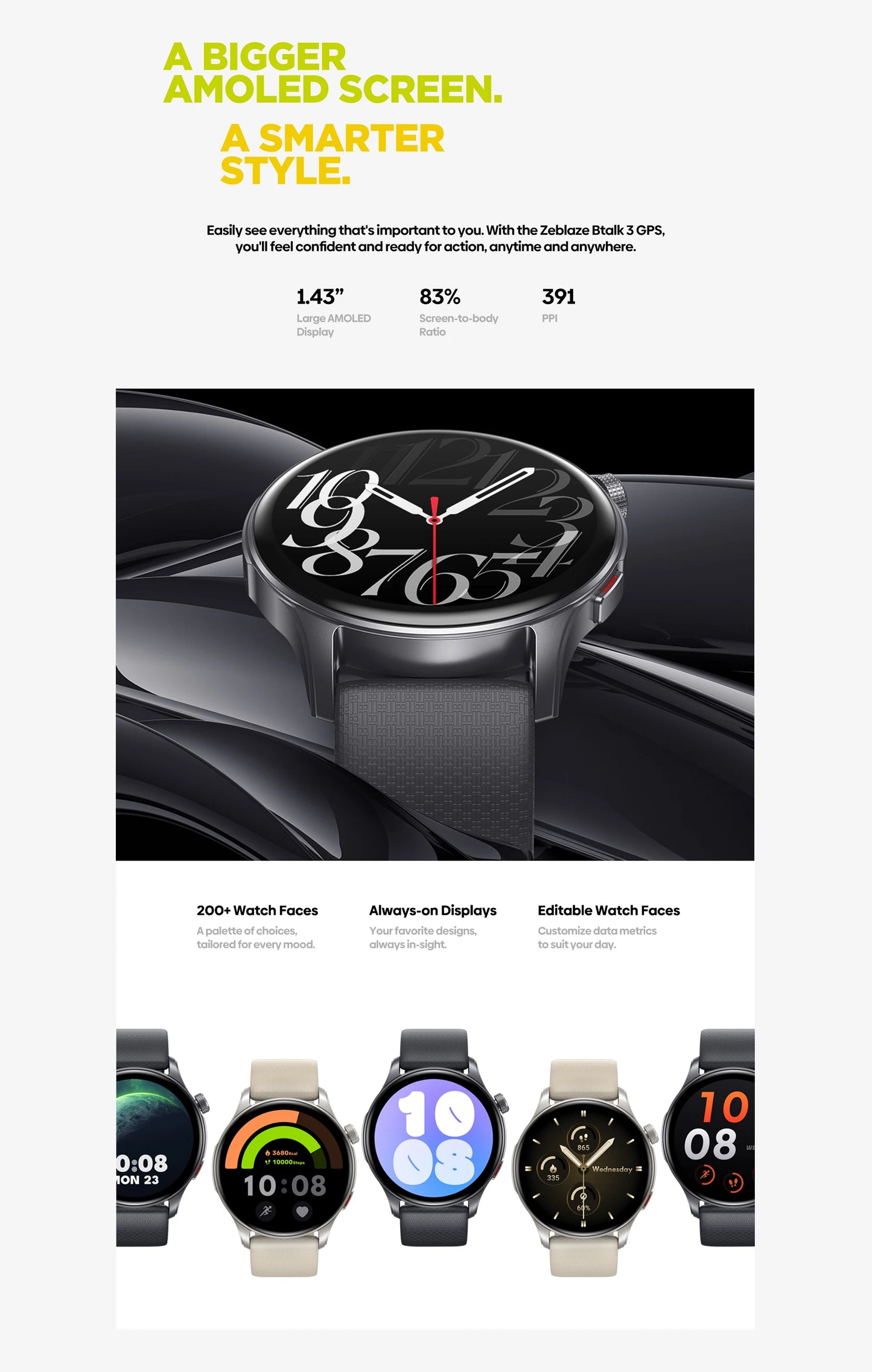 New Zeblaze Btalk 3 GPS Smartwatch 1.43" AMOLED Screen Dual Strap Make/Answer Phone Calls Heart Rate SpO2 Stress Tracking Watch