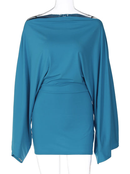 Hugcitar Solid Long Cloak Sleeve Sexy Loose Sexy Ruched Sexy Bodycon Mini Dress Fall Winter Women Fashion Outfit Party Festival