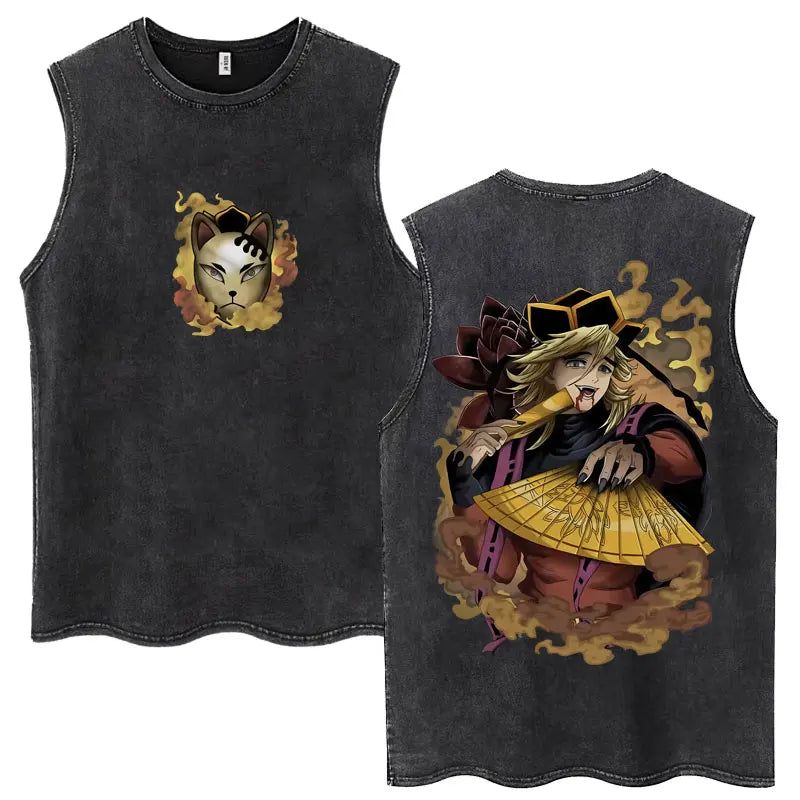 Washed Anime Demon Slayer Hashibira Inosuke Mask Face Tank Tops Men Women Vintage Fashion Cotton Sleeveless T Shirts Streetwear