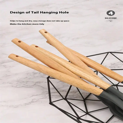 12 Piece Silicone Cooking Kitchen Utensils Set With Wooden Handle, Silicone Flip Flop Tongs Spatula Spoon Kitchen Utensils Set F