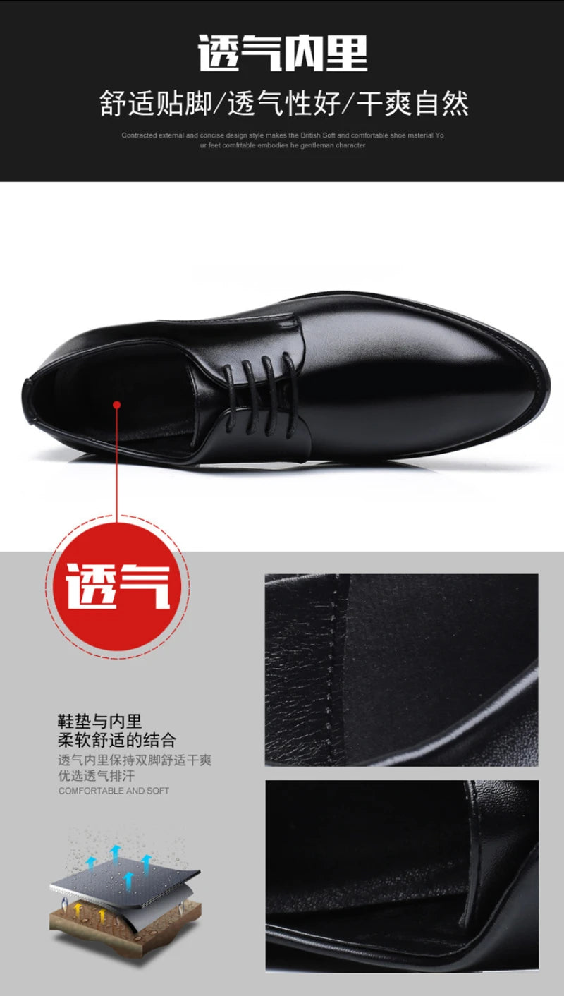 Mens Breathable Leather Dress Shoes Formal Business Footwear Pointed Toe Lace Up Flat Sole Groom Wedding Shoes Simple Leisure