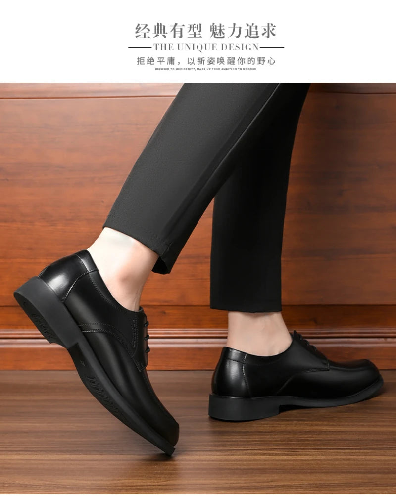 Mens Black Genuine Leather Lace Up Chunky Platform Oxfords Formal Business Office Groom Wedding Daily Wear Shoes Fashion Simple