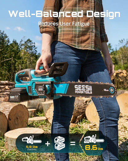 Seesii 40V 18Inch Cordless Electric Saw 2200W Brushless Chainsaw With Automatic Oiler  Garden Woodworking Cutting Tool For Makita 18v Battery pin