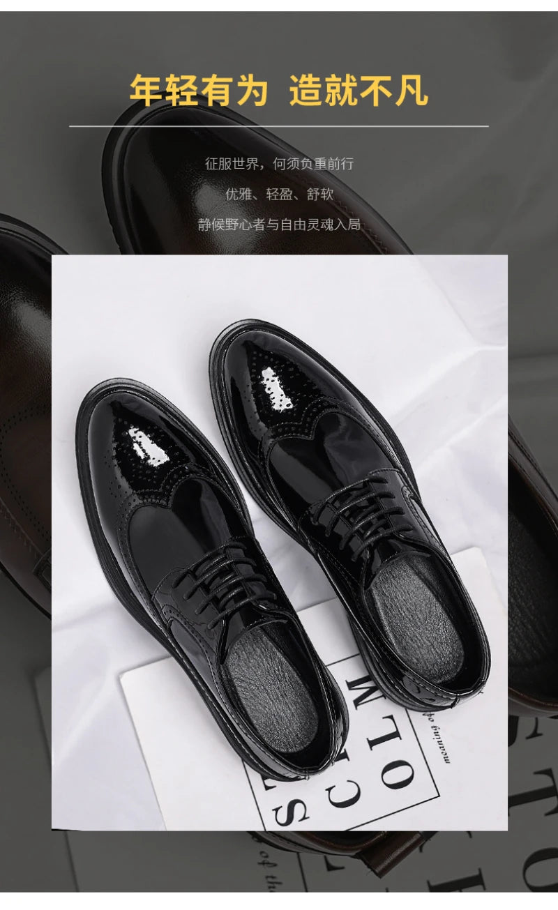 Glossy Patent Leather Brogue Perforated Carved Formal Dress Shoes Lace Up Fashion Young Men Groom Wedding Party Leather Shoes