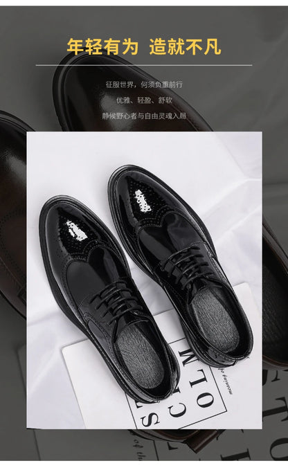 Glossy Patent Leather Brogue Perforated Carved Formal Dress Shoes Lace Up Fashion Young Men Groom Wedding Party Leather Shoes
