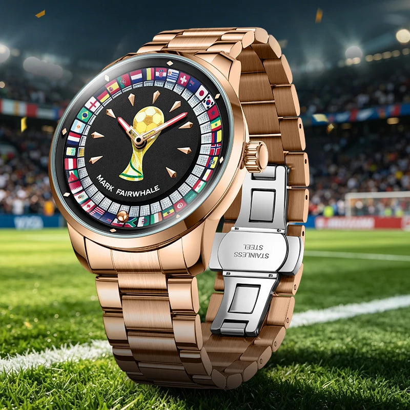 MARK FAIRWHALE 5087 Famous Football Sports Quartz Watch 360 ° Rotating Flag Dial Stainless Steel Strap Waterproof Watch for Man