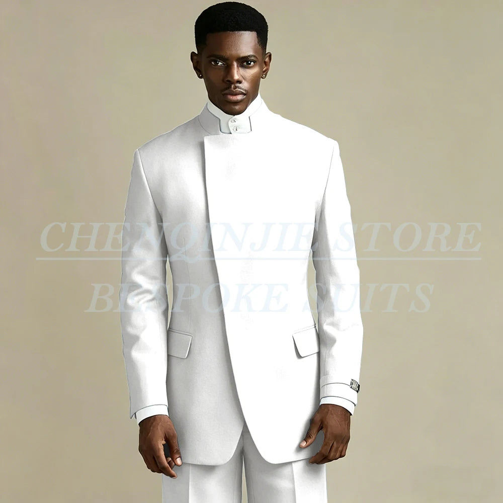 Elegant Black Men's Suits 2 Piece Jacket Pants Outfits Formal Single Breasted Stand Lapel Skinny Clothing Costume Homme