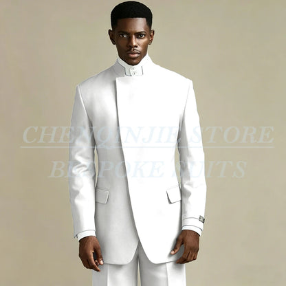 Elegant Black Men's Suits 2 Piece Jacket Pants Outfits Formal Single Breasted Stand Lapel Skinny Clothing Costume Homme