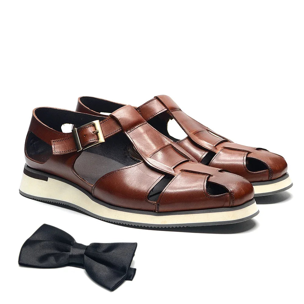 XEBOS Men's Sandals Genuine Leather Cowhide Summer Outdoor Flat Shoes Casual Sneakers Buckle Strap Black Brown Male Footwear