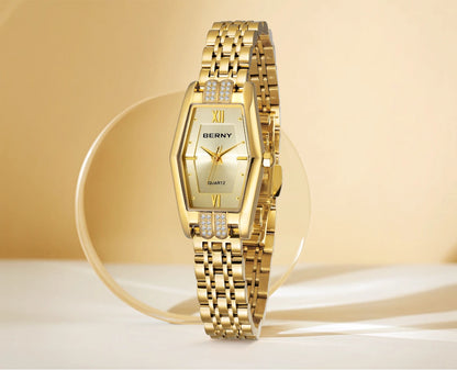 BERNY Gold Watches for Women Elegant Dainty Hexagon Ladies Quartz Wrist Watches Stainless Steel Band Fashion Luxury Bracelet