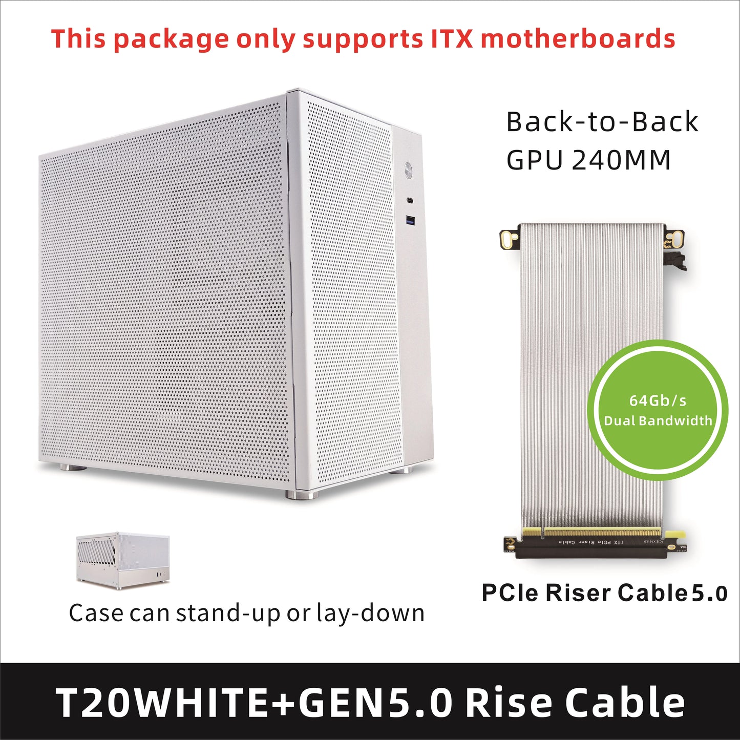 METALFISH T20 Mini ITX White Case 9L Compact PC Chassis Support Flex PSU/240mm GPU/100mm Cooler/180 Liquid Cooler