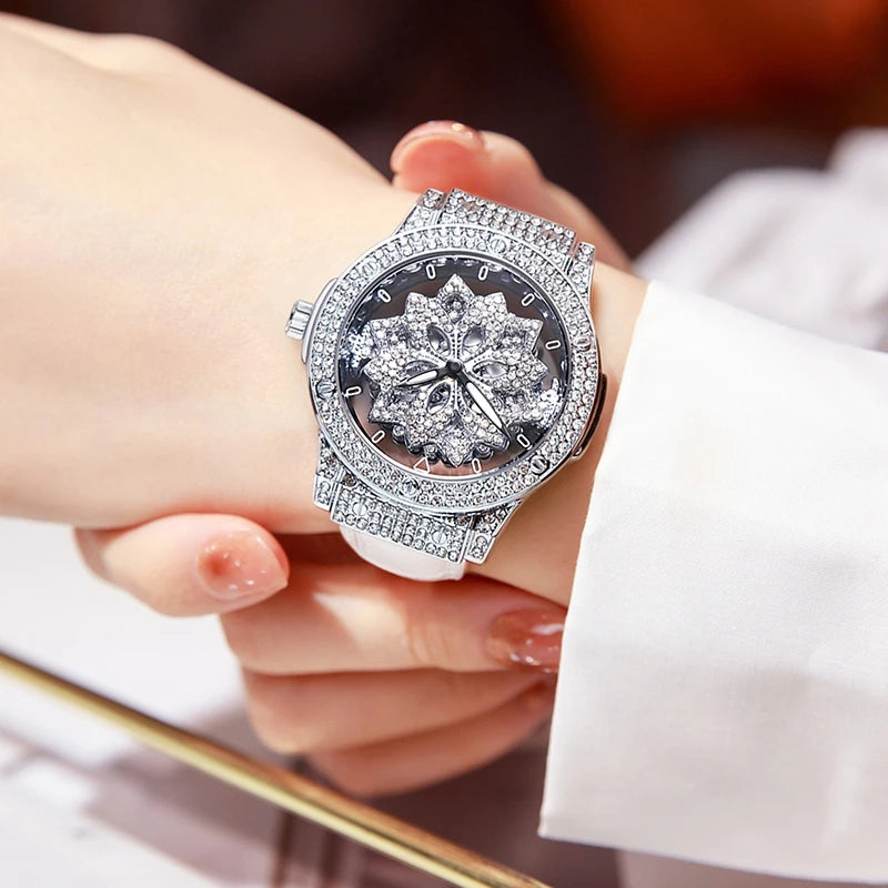 Popular women's watch with fashionable large dial, pentagram waterproof watch for girls, snowflake rotating hollow women's watch
