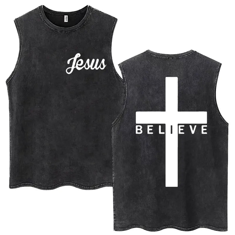 Washed Jesus Is King Christian Harajuku Vintage Tank Tops Men Women Gothic Sleeveless T-shirt Loose Summer Cotton Casual T Shirt
