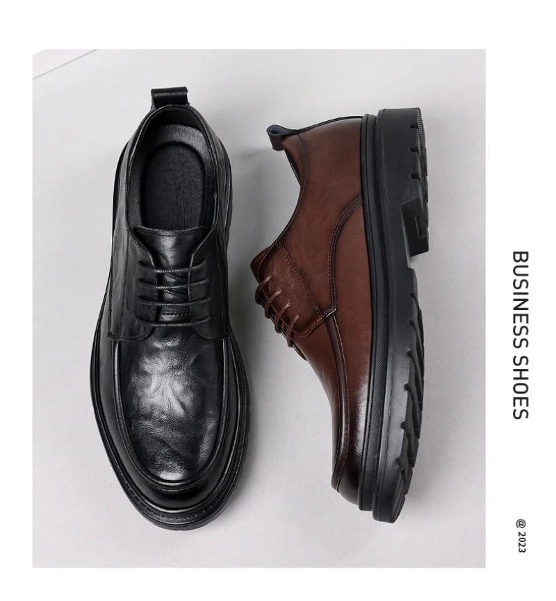 Mens Black Wrinkled Leather Apron Toe Lace Up Dress Shoes Thick Lug Sole Chunky Formal Business Office Work Daily Wear Shoes