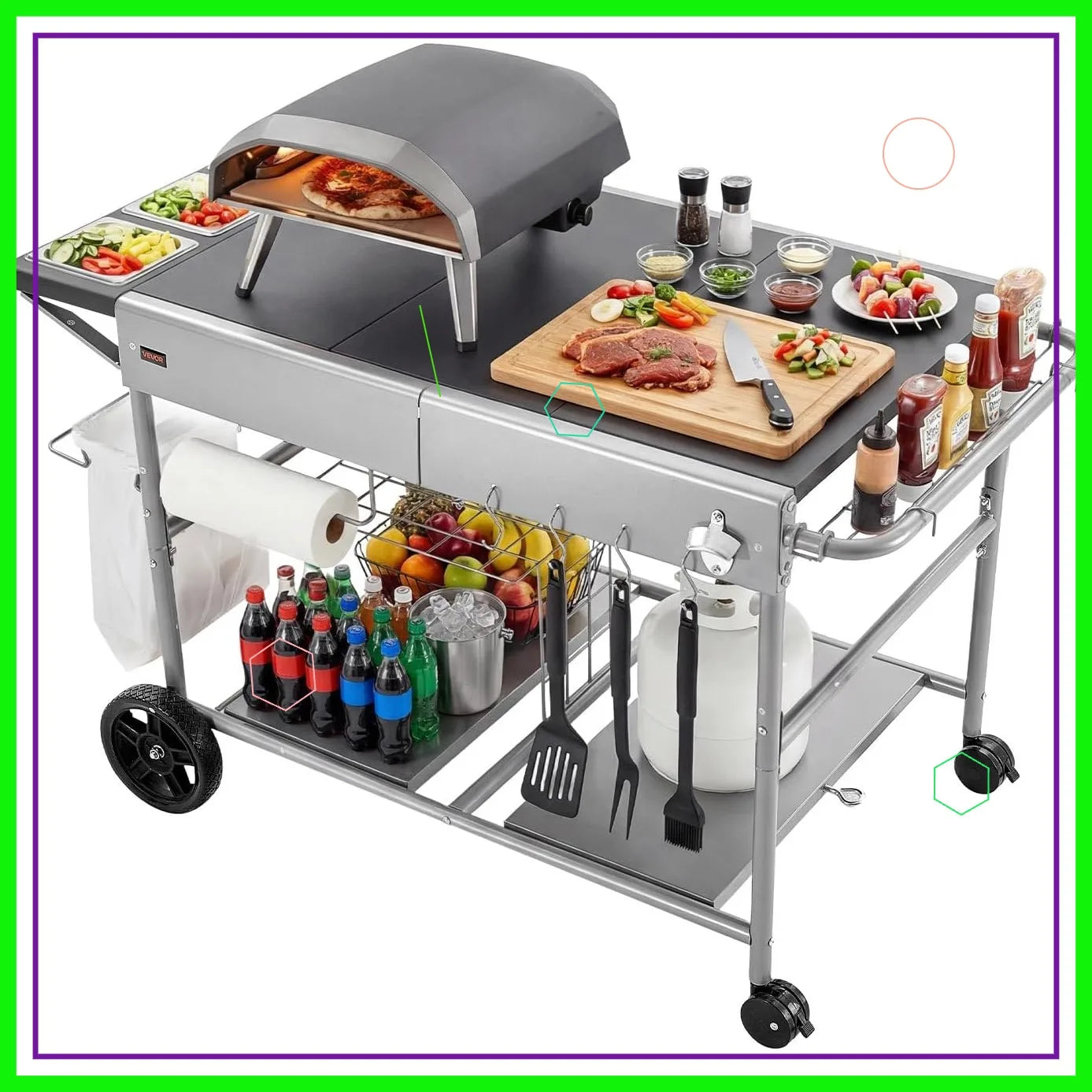 Outdoor Grill Cart with Wheels, 36.4x23.4 Inch Tabletop, Movable BBQ Prep Table for Picnic Kitchen Courtyard