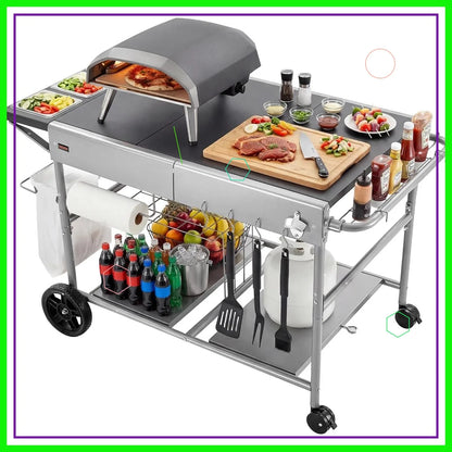 Outdoor Grill Cart with Wheels, 36.4x23.4 Inch Tabletop, Movable BBQ Prep Table for Picnic Kitchen Courtyard