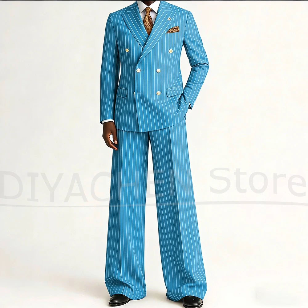 Men's Striped Double Breasted Suit Set Fashion Peak Lapel Formal Outfits 2 Piece Wedding Business Events Casual Male Suit