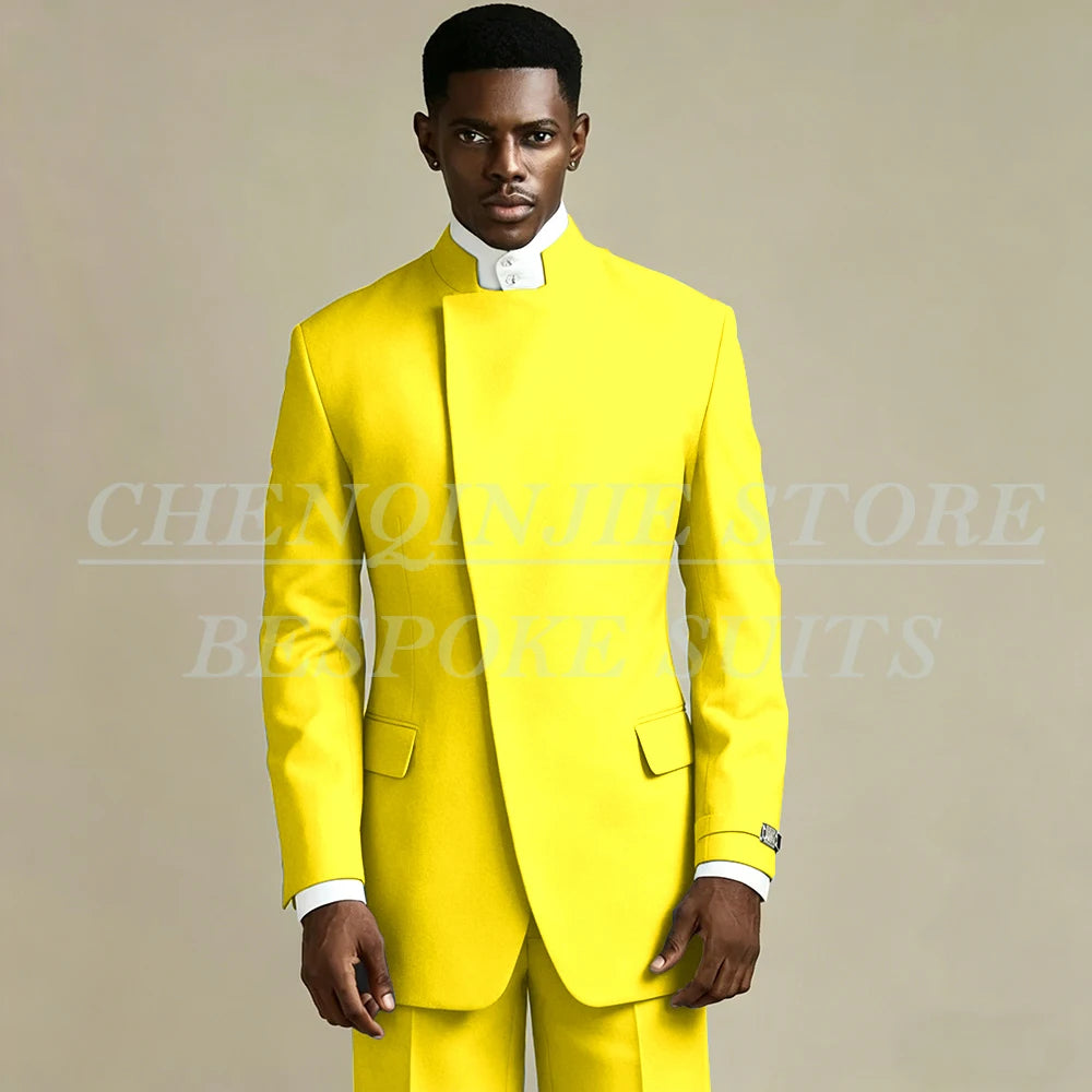 Elegant Black Men's Suits 2 Piece Jacket Pants Outfits Formal Single Breasted Stand Lapel Skinny Clothing Costume Homme