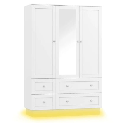3 Doors Wardrobe Mirror 4 Drawers LED Light Large Capacity Bedroom Storage Cabinet, Custom