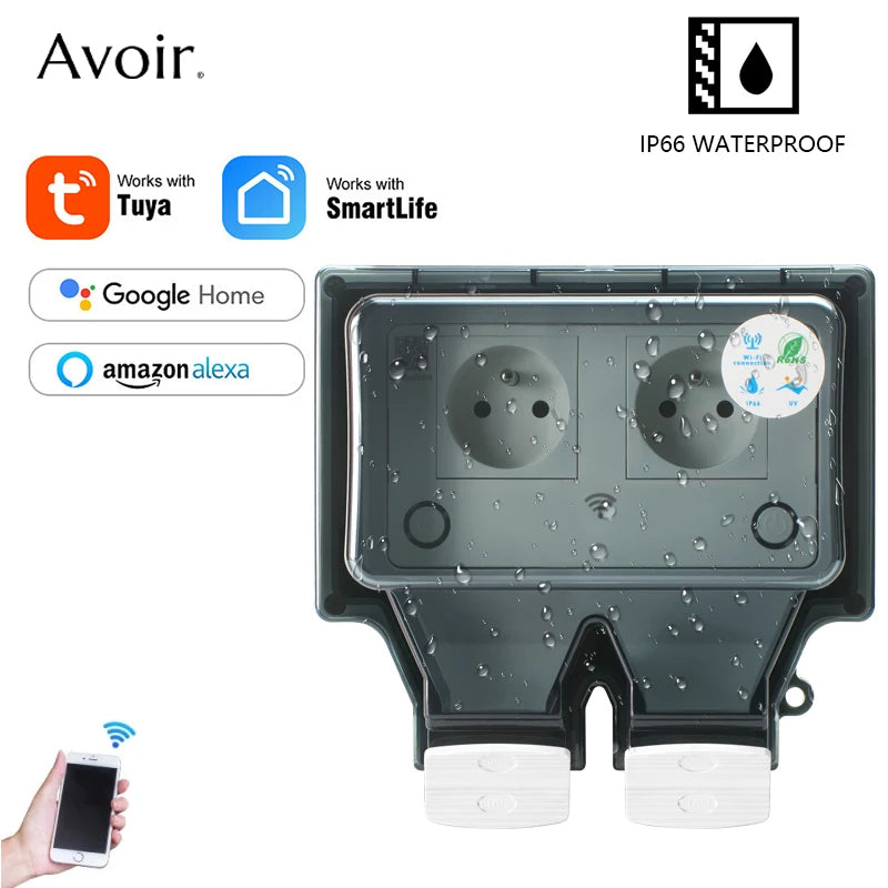 Avoir Tuya Power Socket IP66 Outdoor Wifi Smart Waterproof Socket Box Smart FR Wall Plug Socket With Timer Home Appliance 220V